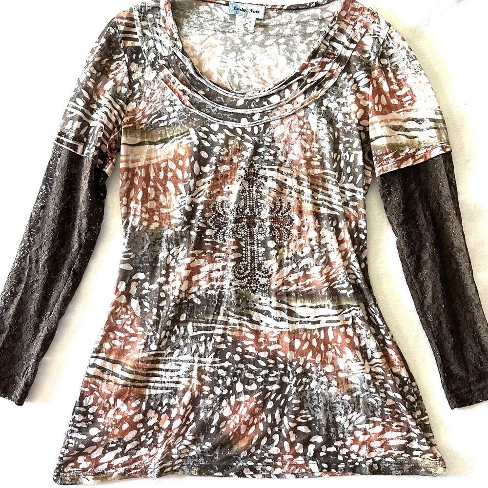 Lady Noiz Leopard Lace Large L Embellished Rhinestone Top Blouse Brown